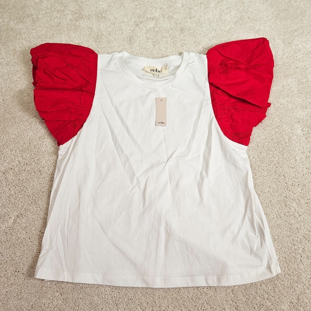 Feminine Romantic Fairy Top L White Red Elevated Ruffled Sleeve Euro Resort NWTs